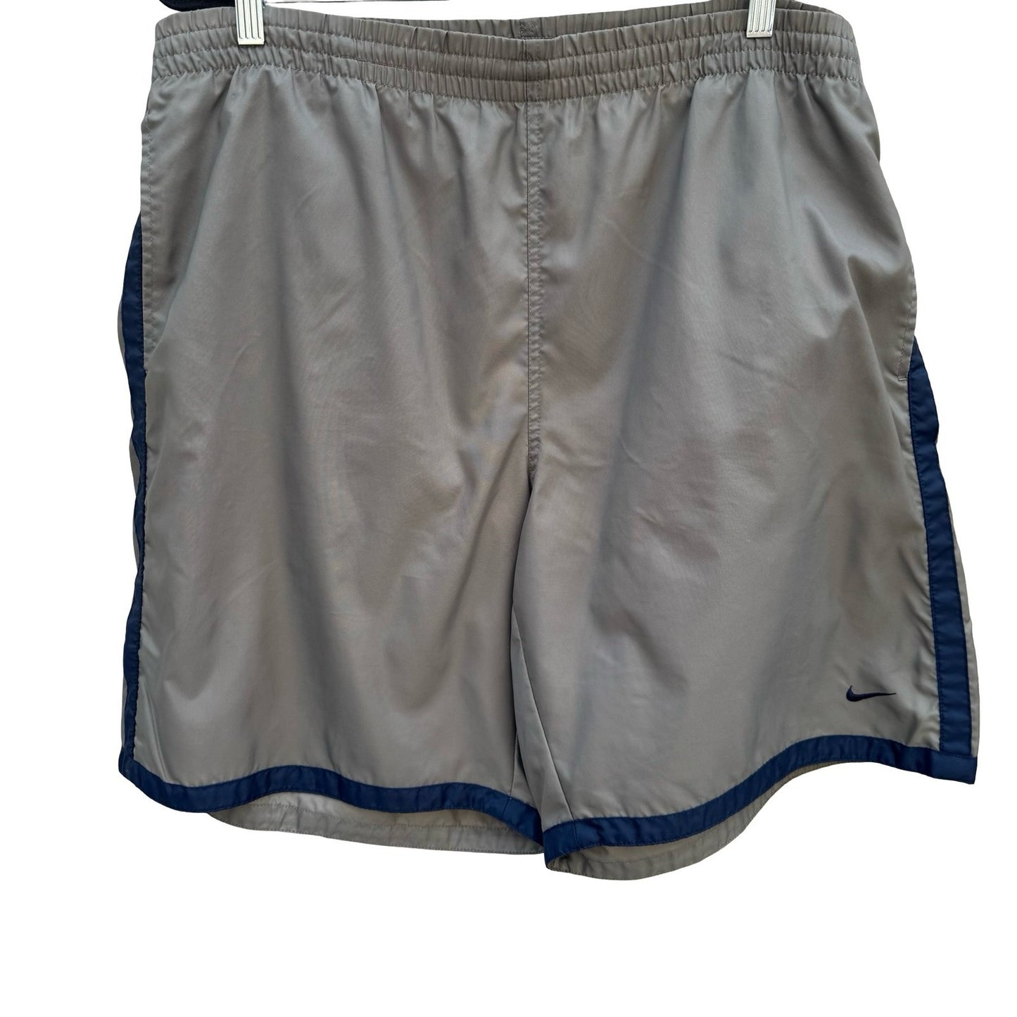 Nike Mens Athletic Shorts Gray Navy Blue Elastic Waist Swoosh Logo Training XXL