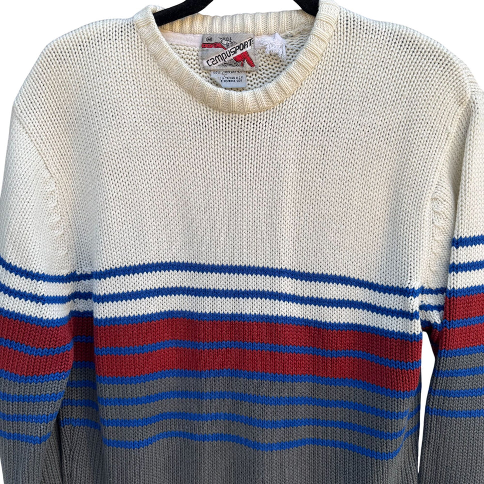 Campusport Vintage 70s Mens Preppy Striped Crew Neck Knit Academia Sweater M