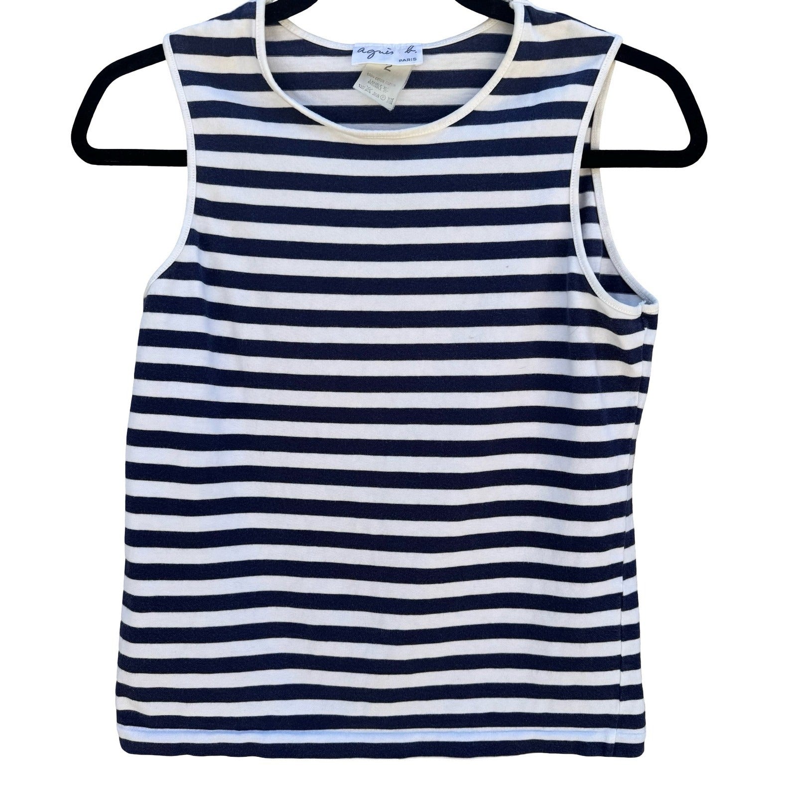 Agnes B Paris Y2K Navy Stripe Cotton Sleeveless Top French Girl Parisian Breton
