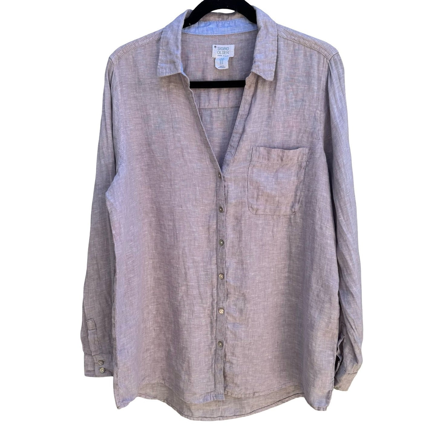 Sigrid Olsen 100% Linen Coastal Roll Tab Lagenlook Shirt Lavender Grey Womens M