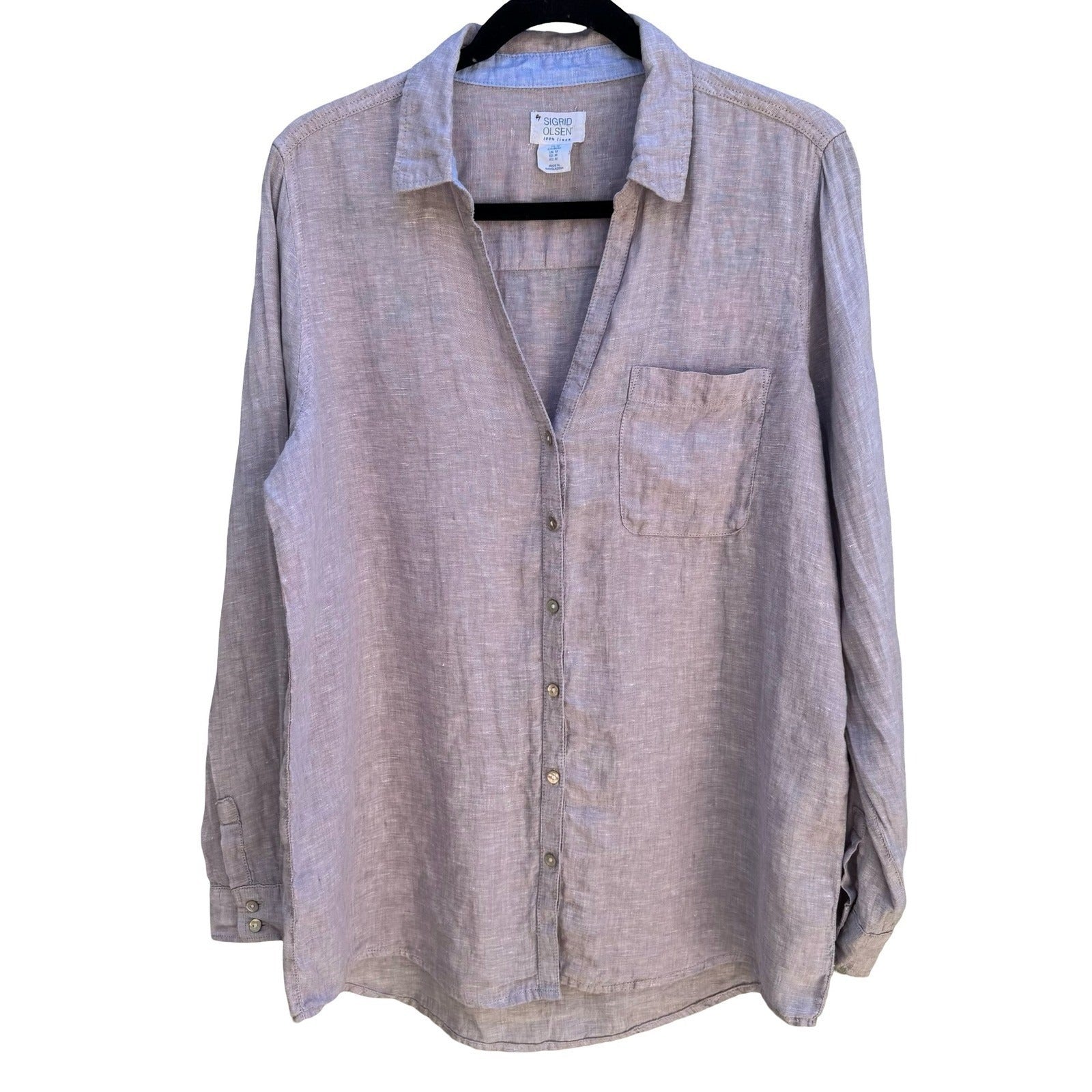 Sigrid Olsen 100% Linen Coastal Roll Tab Lagenlook Shirt Lavender Grey Womens M