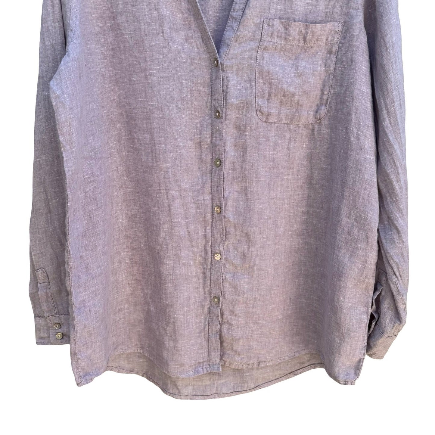 Sigrid Olsen 100% Linen Coastal Roll Tab Lagenlook Shirt Lavender Grey Womens M