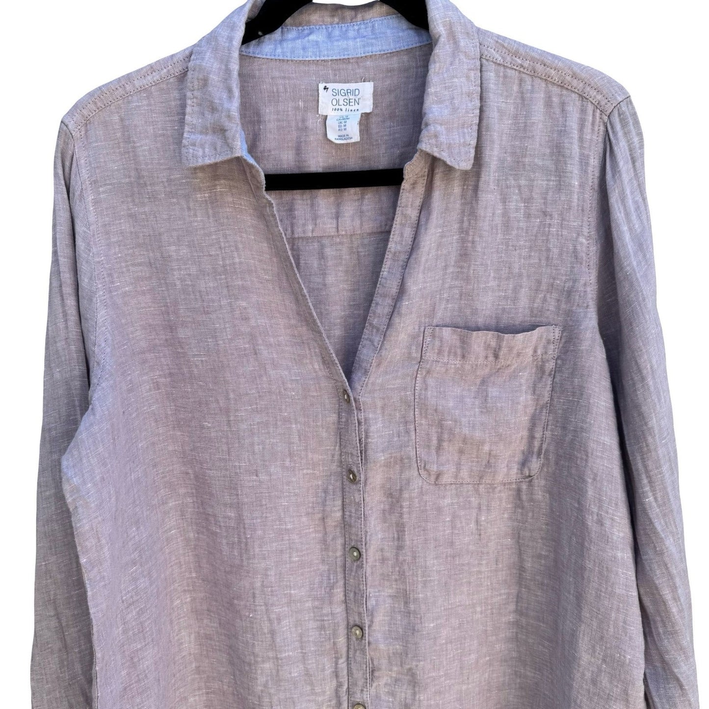 Sigrid Olsen 100% Linen Coastal Roll Tab Lagenlook Shirt Lavender Grey Womens M