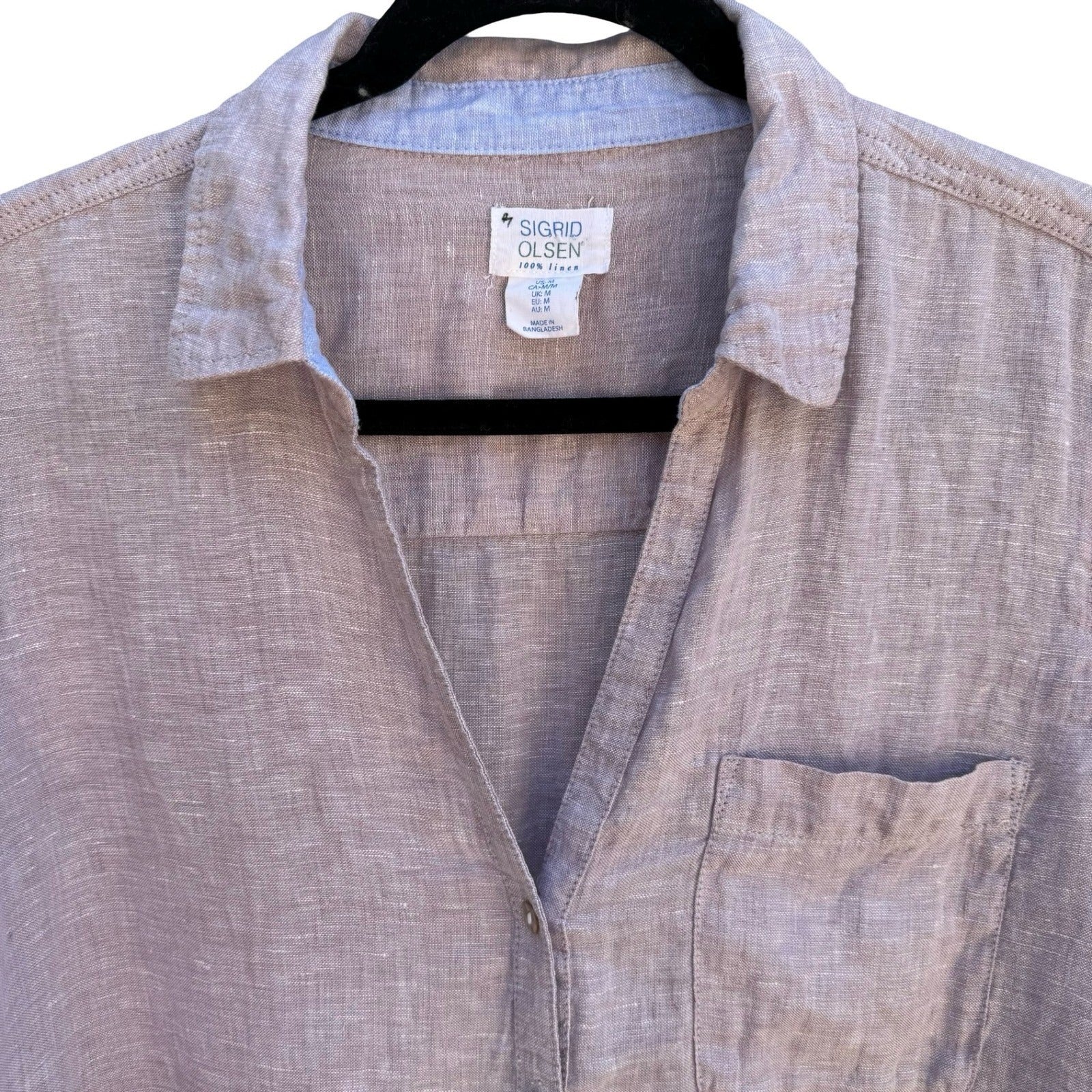 Sigrid Olsen 100% Linen Coastal Roll Tab Lagenlook Shirt Lavender Grey Womens M