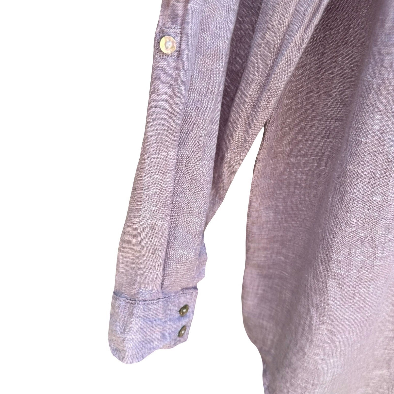 Sigrid Olsen 100% Linen Coastal Roll Tab Lagenlook Shirt Lavender Grey Womens M