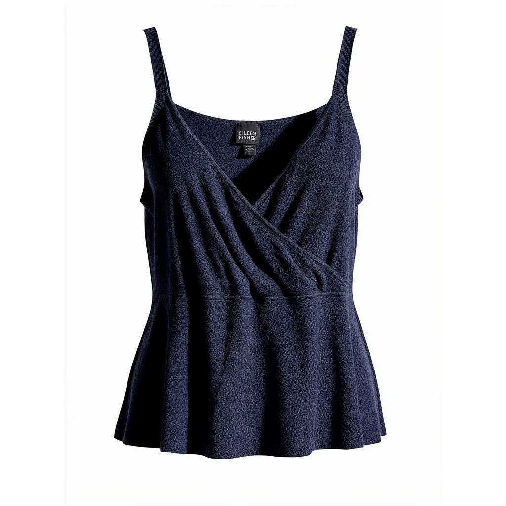 Eileen Fisher Vintage Italian Yarn Womens Navy Wool Wrap Peplum V Neck Tank Top L