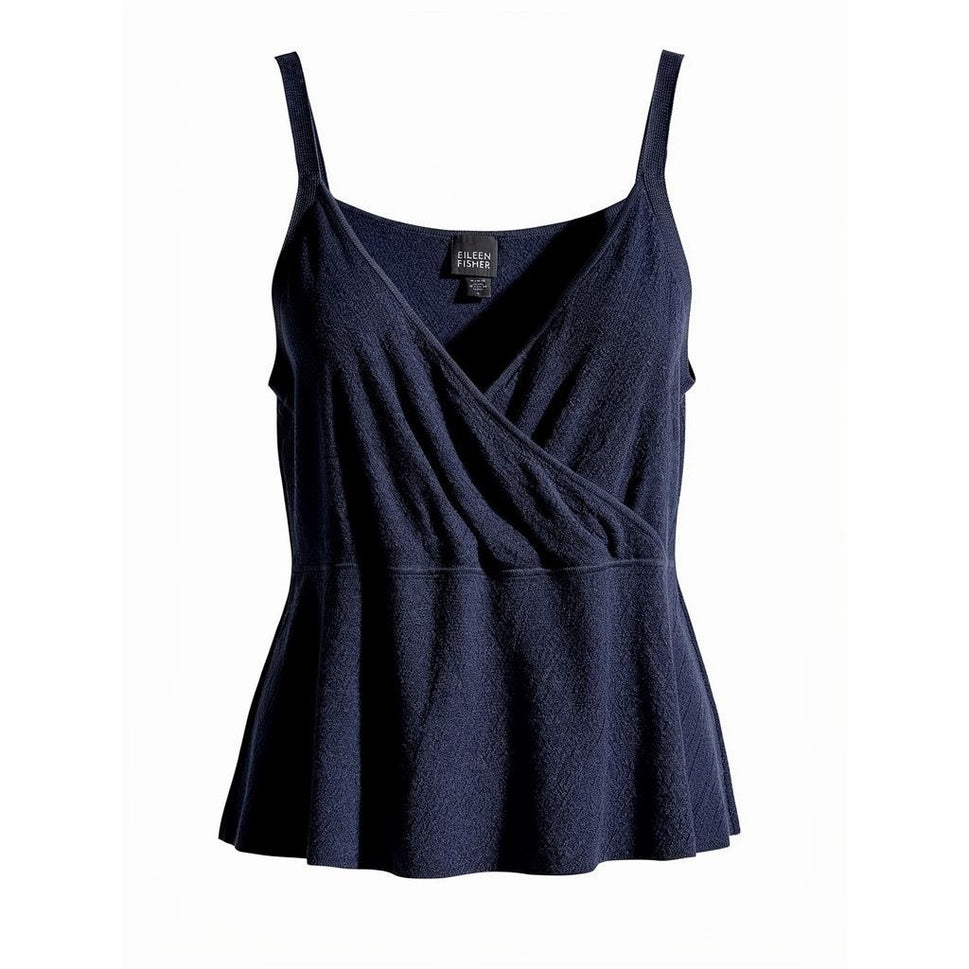 Eileen Fisher Vintage Italian Yarn Womens Navy Wool Wrap Peplum V Neck Tank Top L