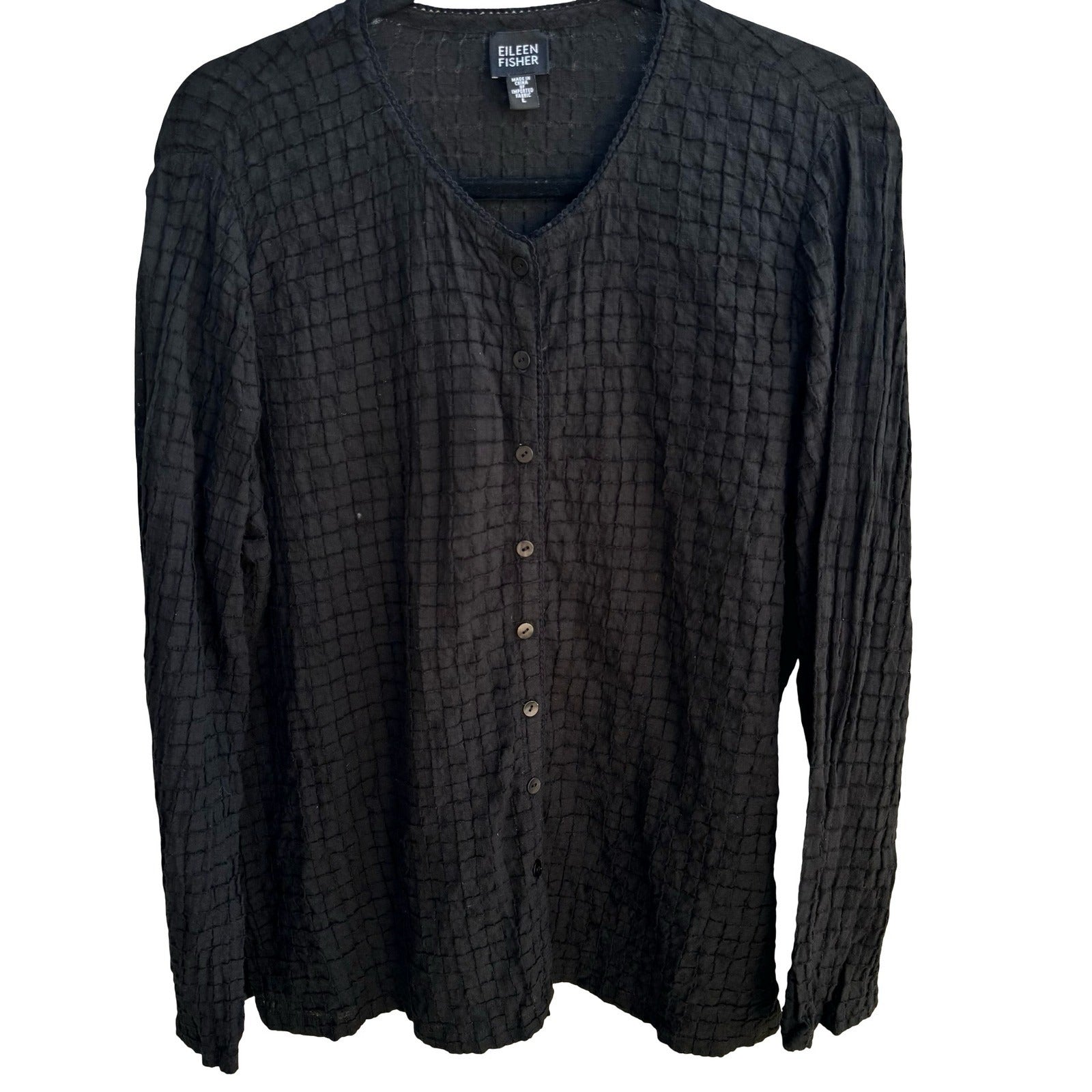 Eileen Fisher Minimalist Lagenlook Sustainable Waffle Grid Blouse Black Womens L