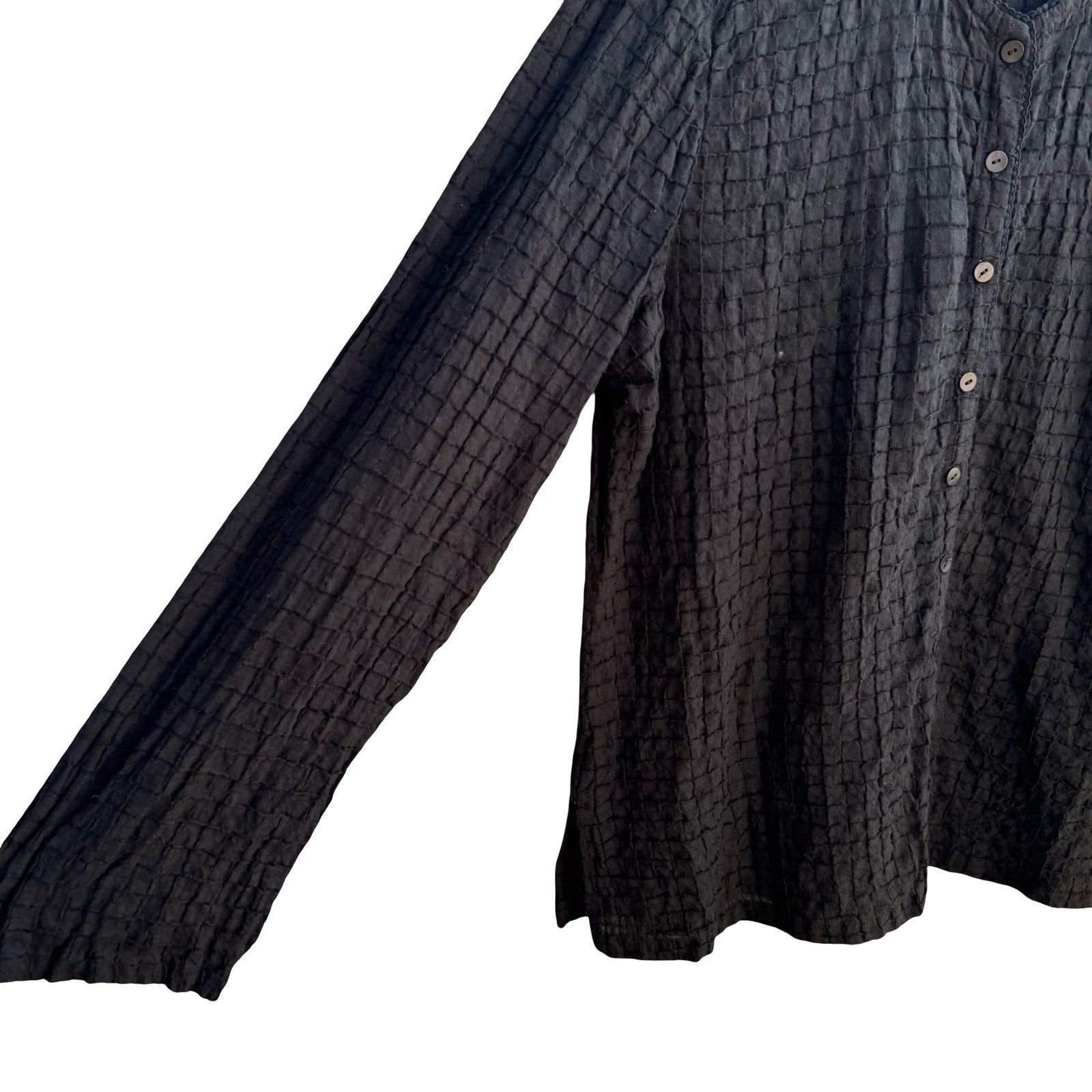 Eileen Fisher Minimalist Lagenlook Sustainable Waffle Grid Blouse Black Womens L
