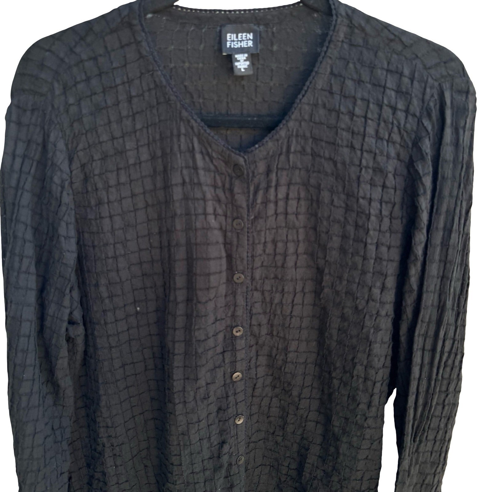 Eileen Fisher Minimalist Lagenlook Sustainable Waffle Grid Blouse Black Womens L
