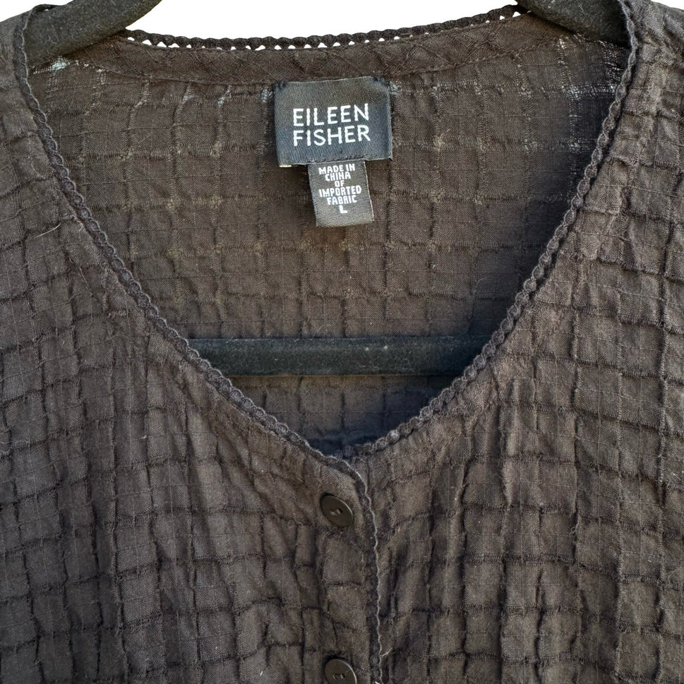 Eileen Fisher Minimalist Lagenlook Sustainable Waffle Grid Blouse Black Womens L