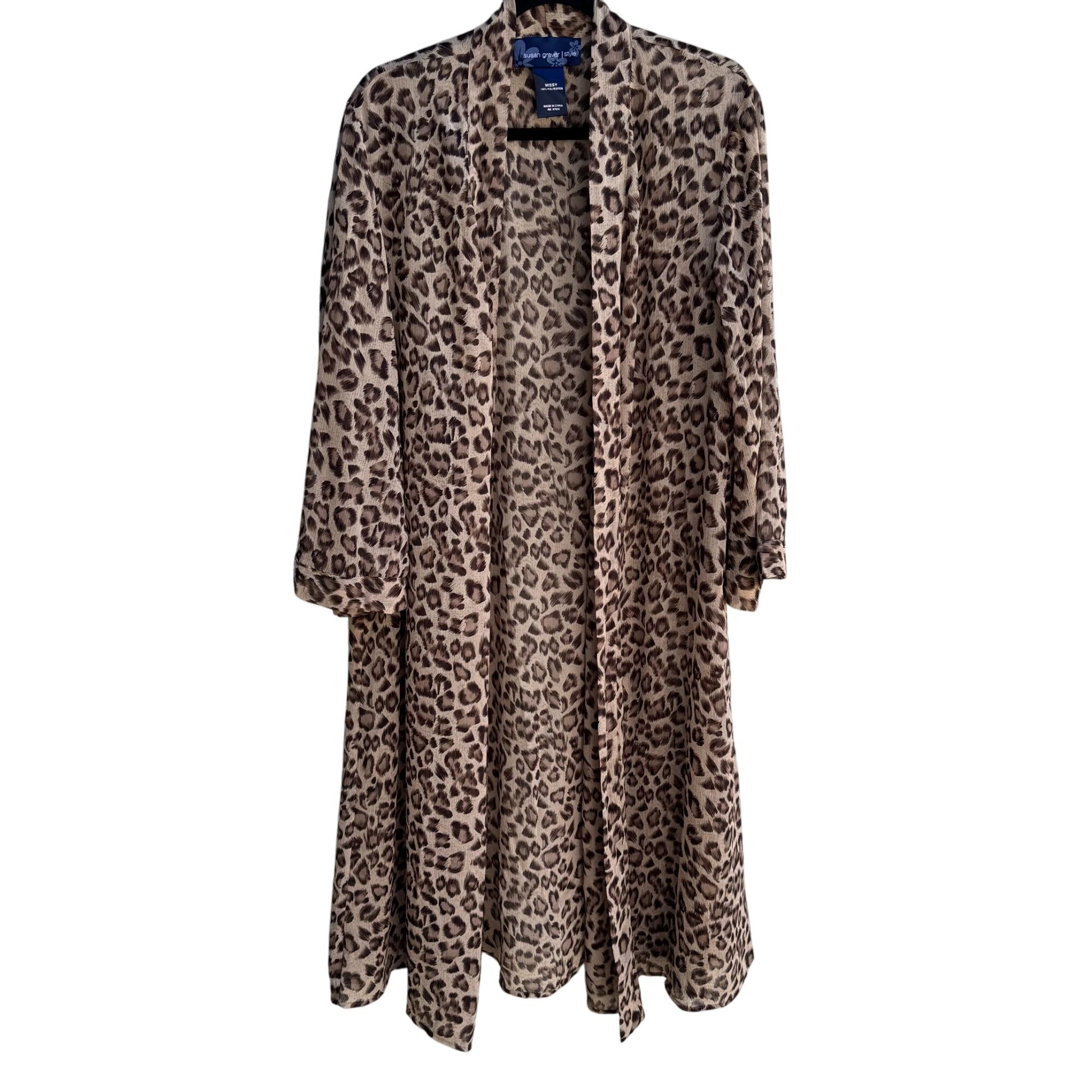Susan Graver Womens Leopard Animal Print Semi Sheer Duster Cardigan Kimono OS