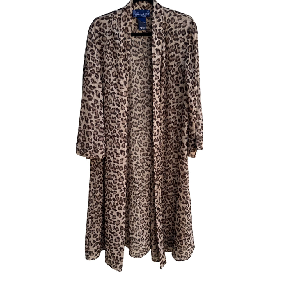 Susan Graver Womens Leopard Animal Print Semi Sheer Duster Cardigan Kimono OS