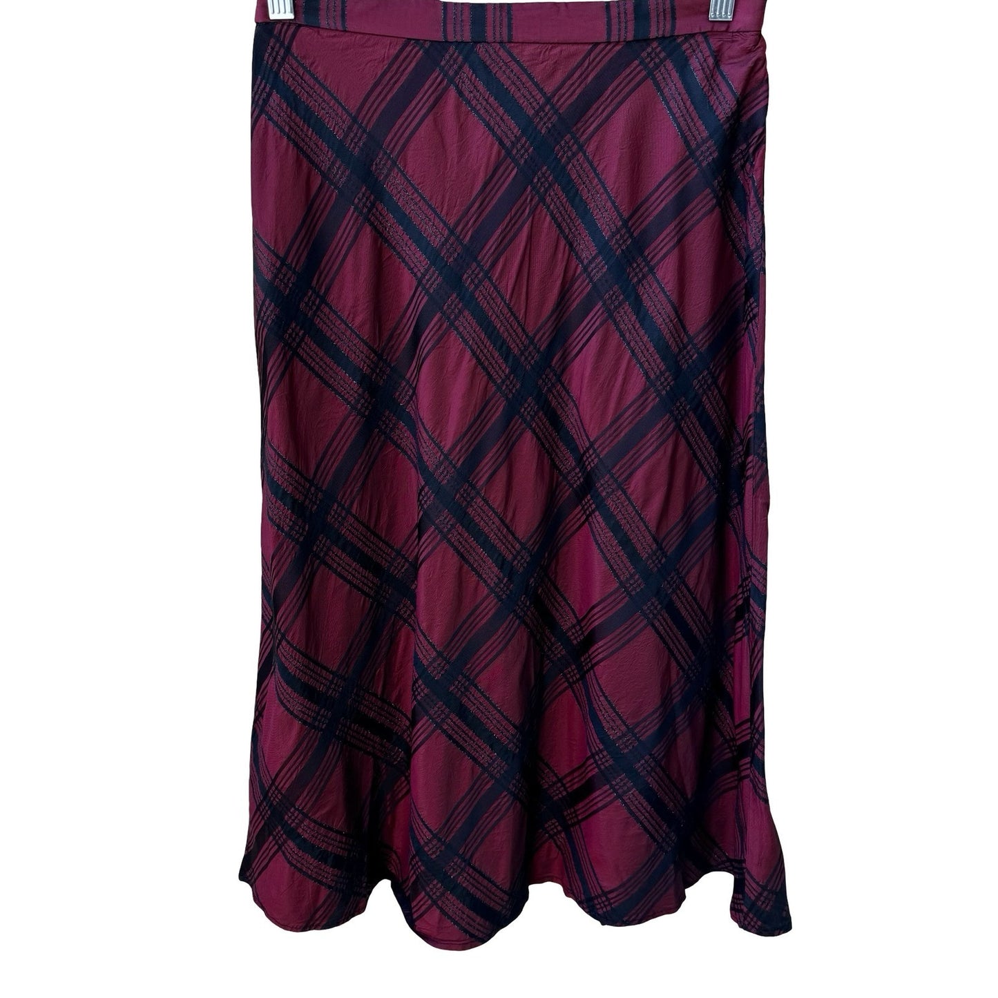 Coldwater Creek Holiday Preppy Burgundy Black Plaid Tartan Metallic Midi Skirt 8