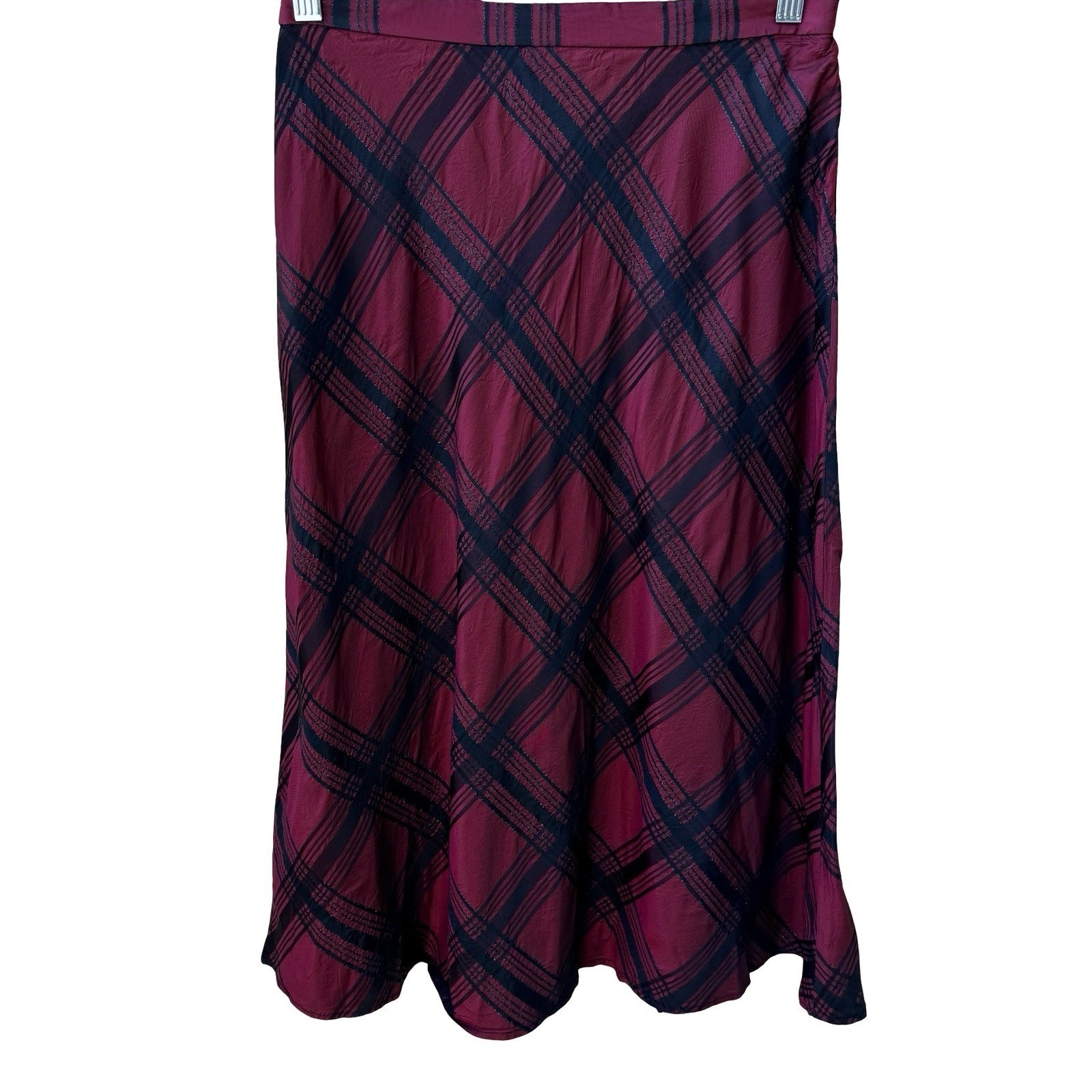 Coldwater Creek Holiday Preppy Burgundy Black Plaid Tartan Metallic Midi Skirt 8