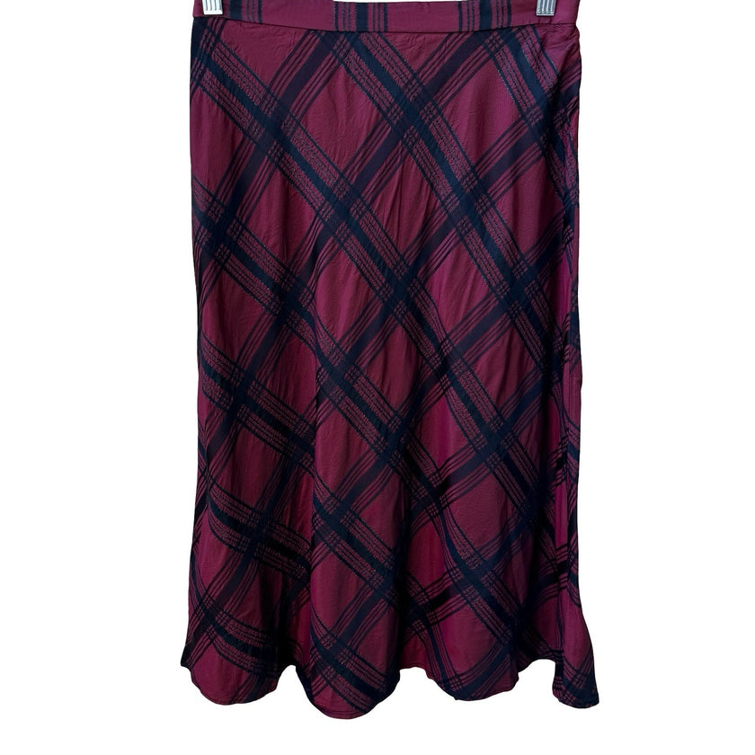Coldwater Creek Holiday Preppy Burgundy Black Plaid Tartan Metallic Midi Skirt 8