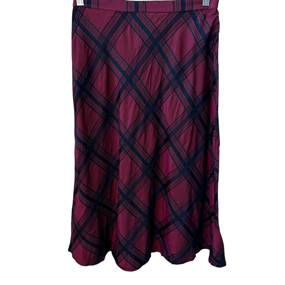 Coldwater Creek Holiday Preppy Burgundy Black Plaid Tartan Metallic Midi Skirt 8