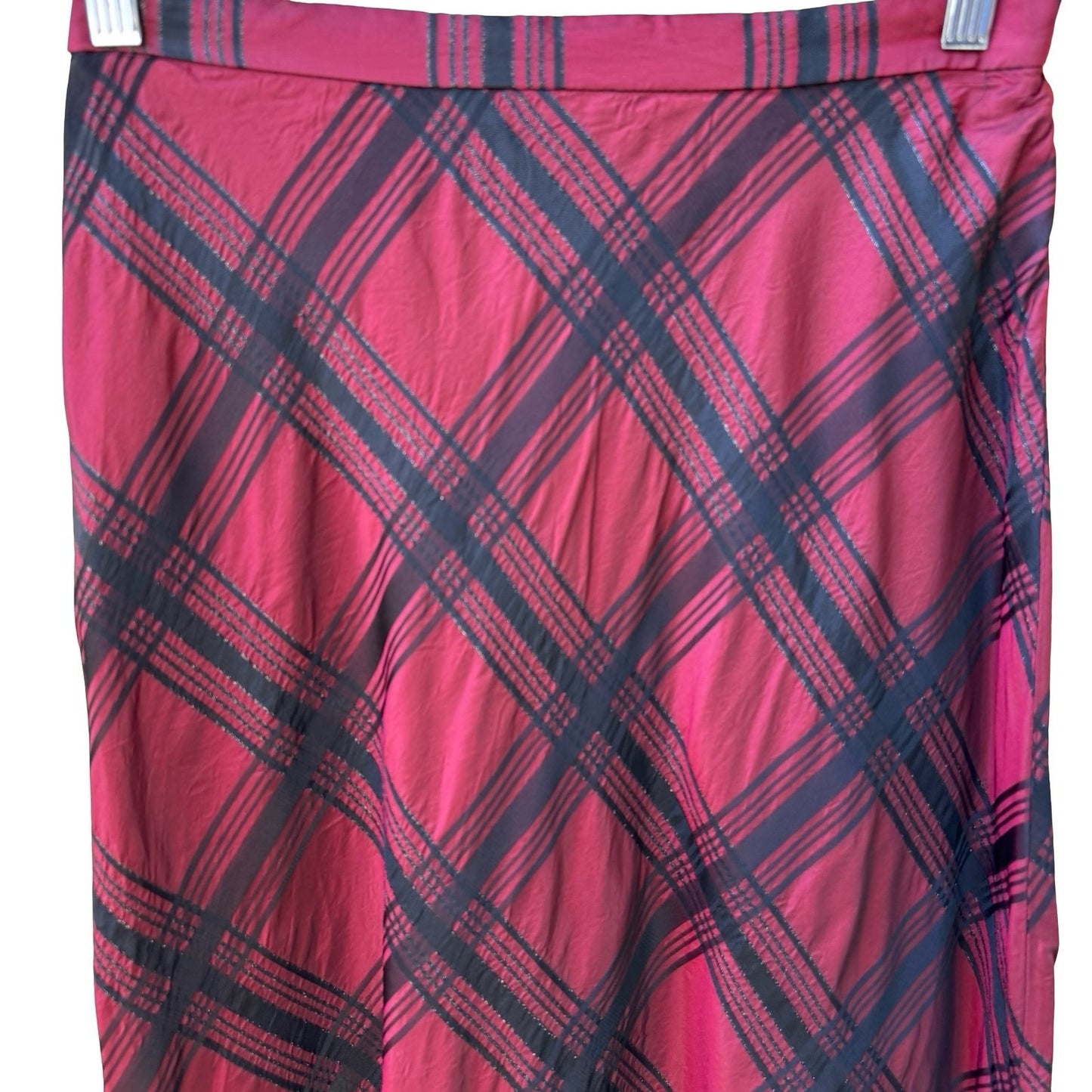 Coldwater Creek Holiday Preppy Burgundy Black Plaid Tartan Metallic Midi Skirt 8