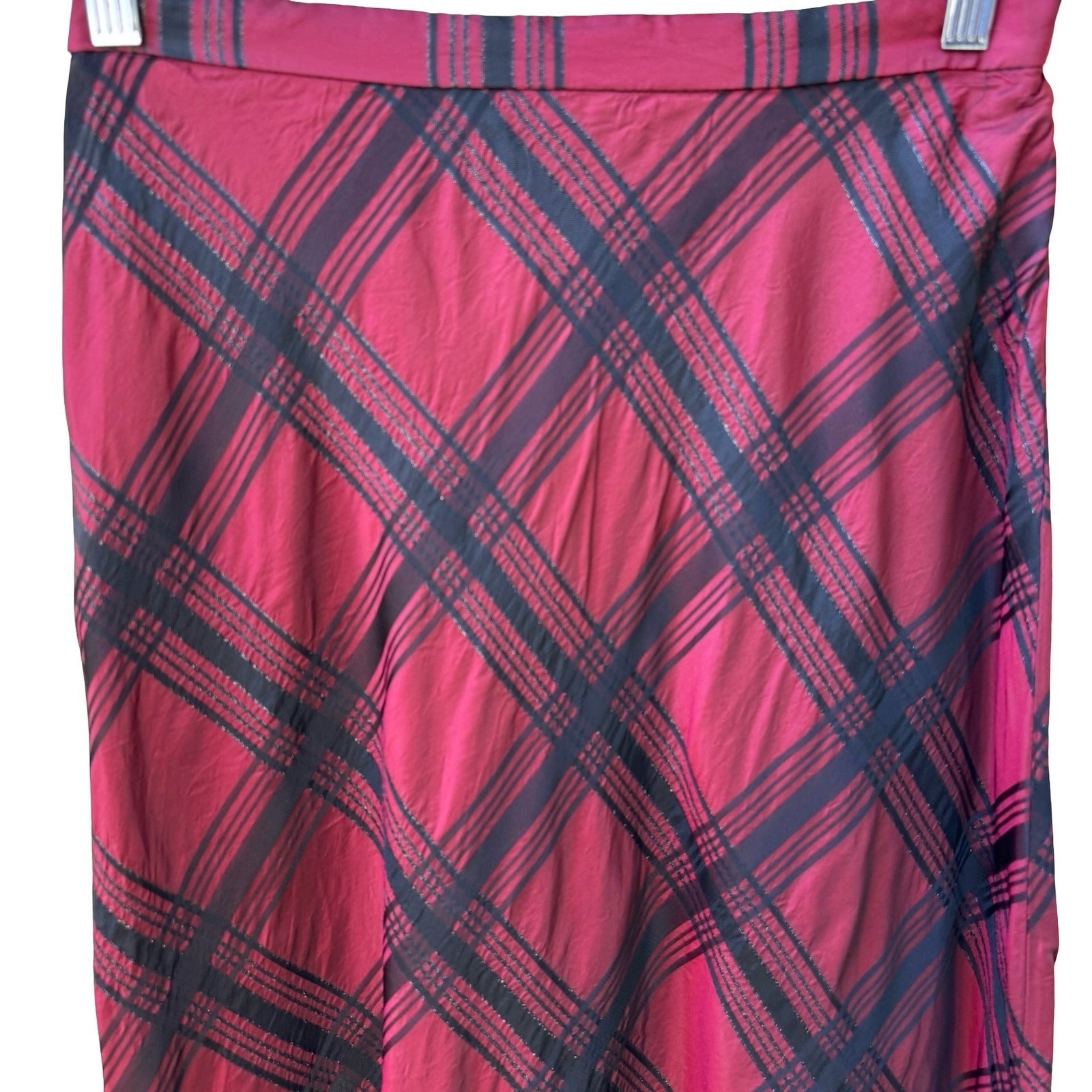 Coldwater Creek Holiday Preppy Burgundy Black Plaid Tartan Metallic Midi Skirt 8