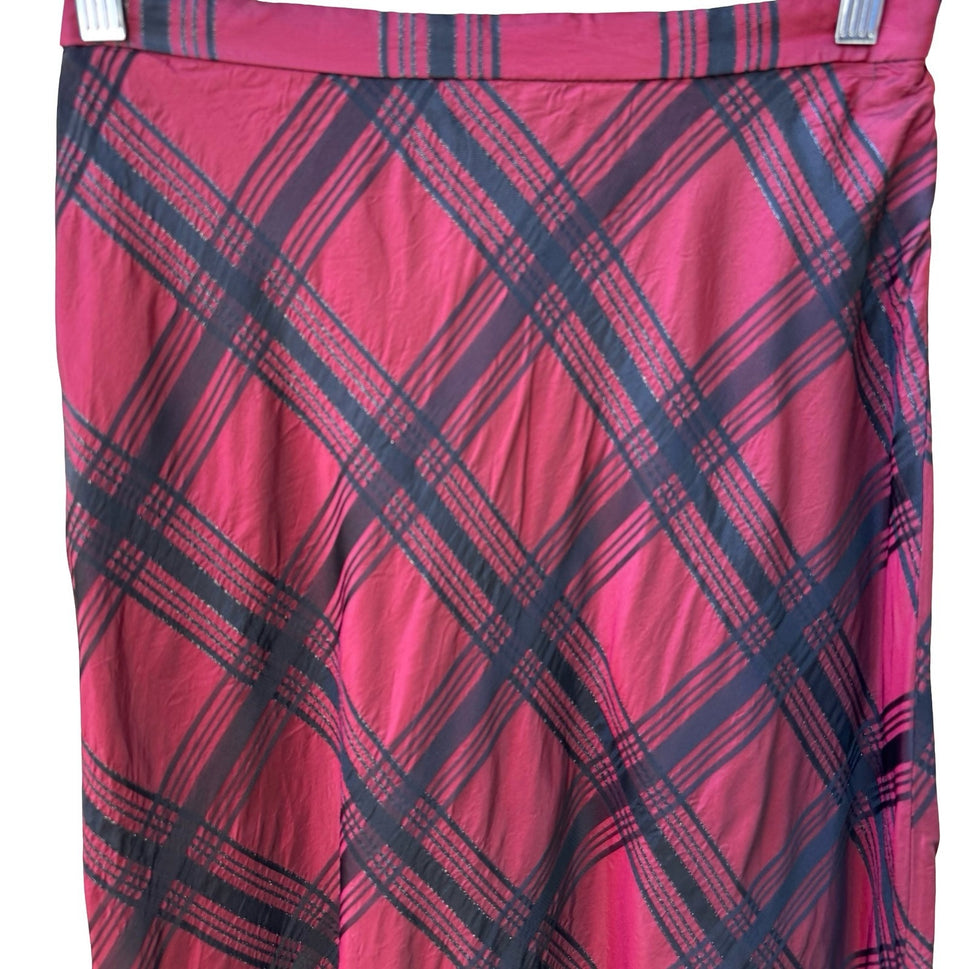 Coldwater Creek Holiday Preppy Burgundy Black Plaid Tartan Metallic Midi Skirt 8