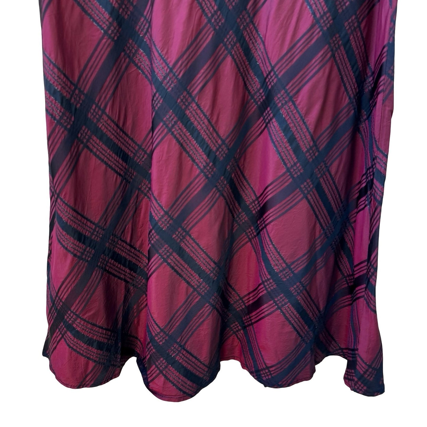 Coldwater Creek Holiday Preppy Burgundy Black Plaid Tartan Metallic Midi Skirt 8