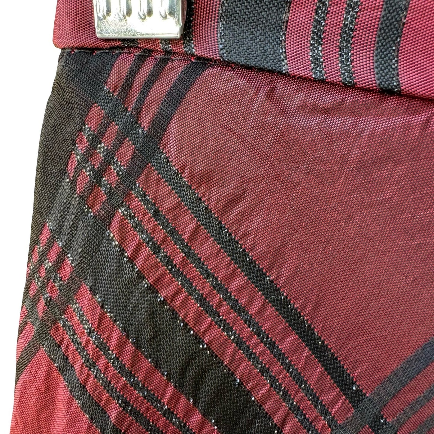 Coldwater Creek Holiday Preppy Burgundy Black Plaid Tartan Metallic Midi Skirt 8
