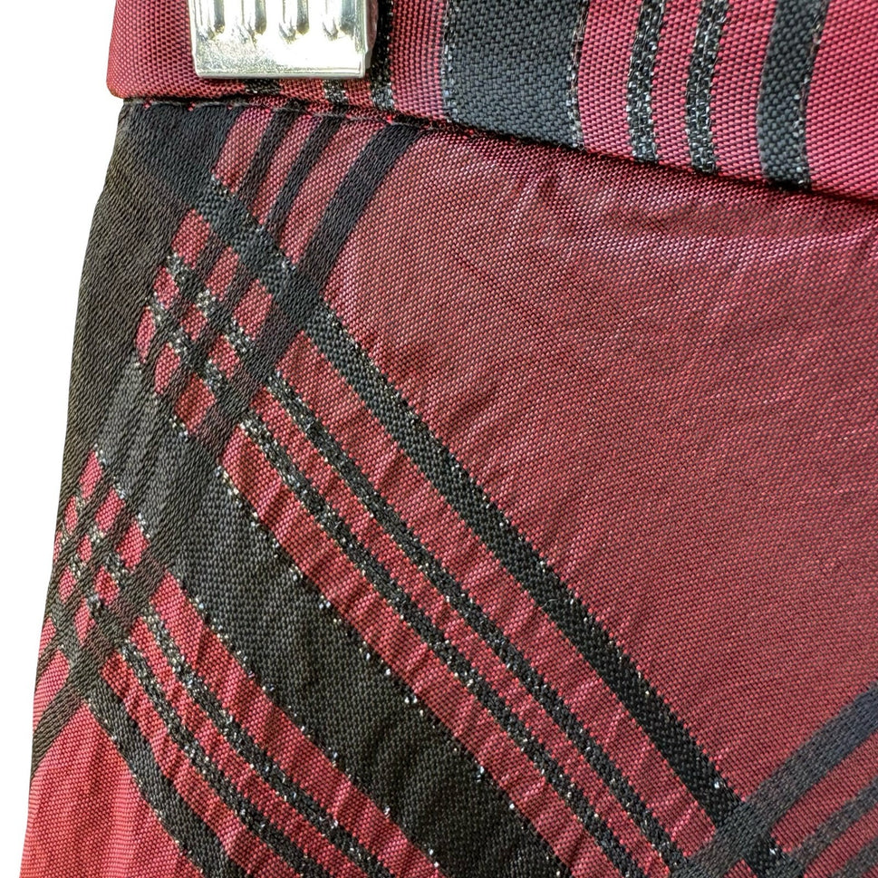 Coldwater Creek Holiday Preppy Burgundy Black Plaid Tartan Metallic Midi Skirt 8