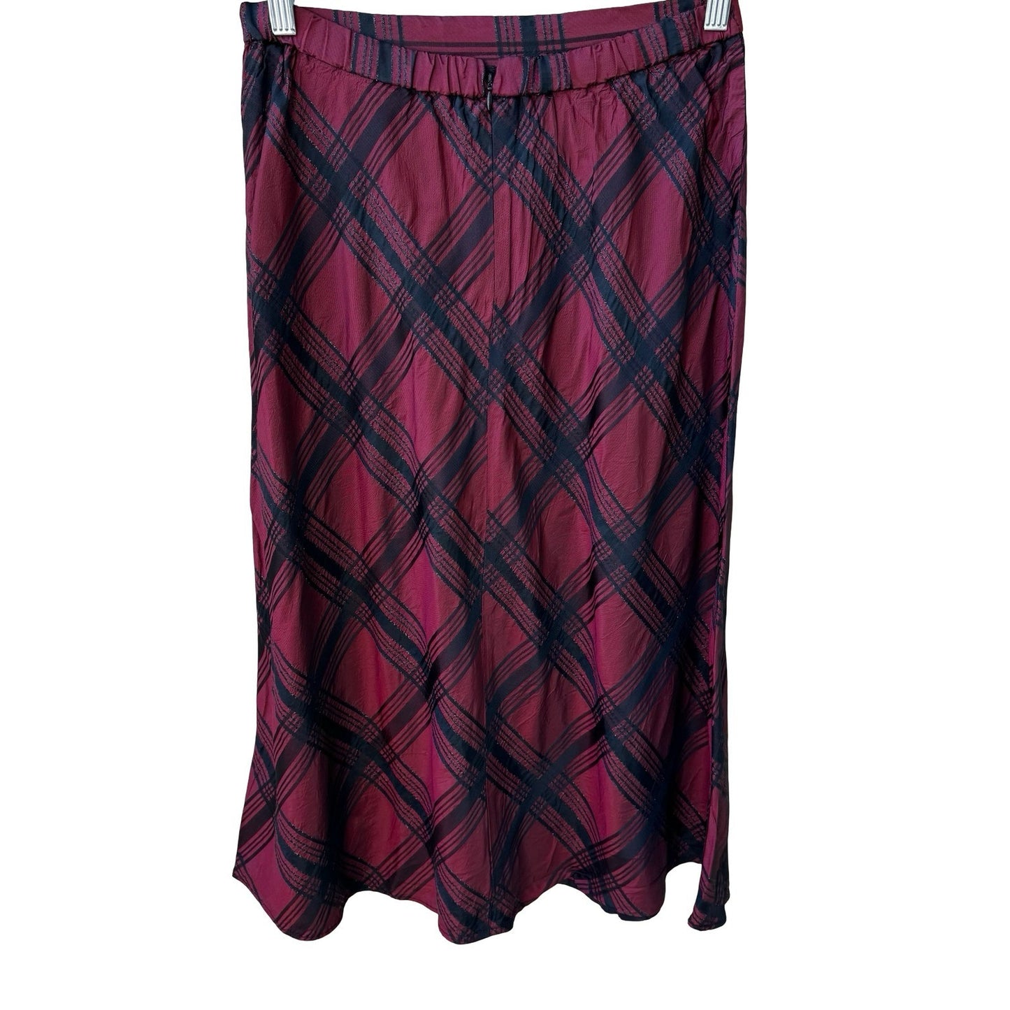 Coldwater Creek Holiday Preppy Burgundy Black Plaid Tartan Metallic Midi Skirt 8