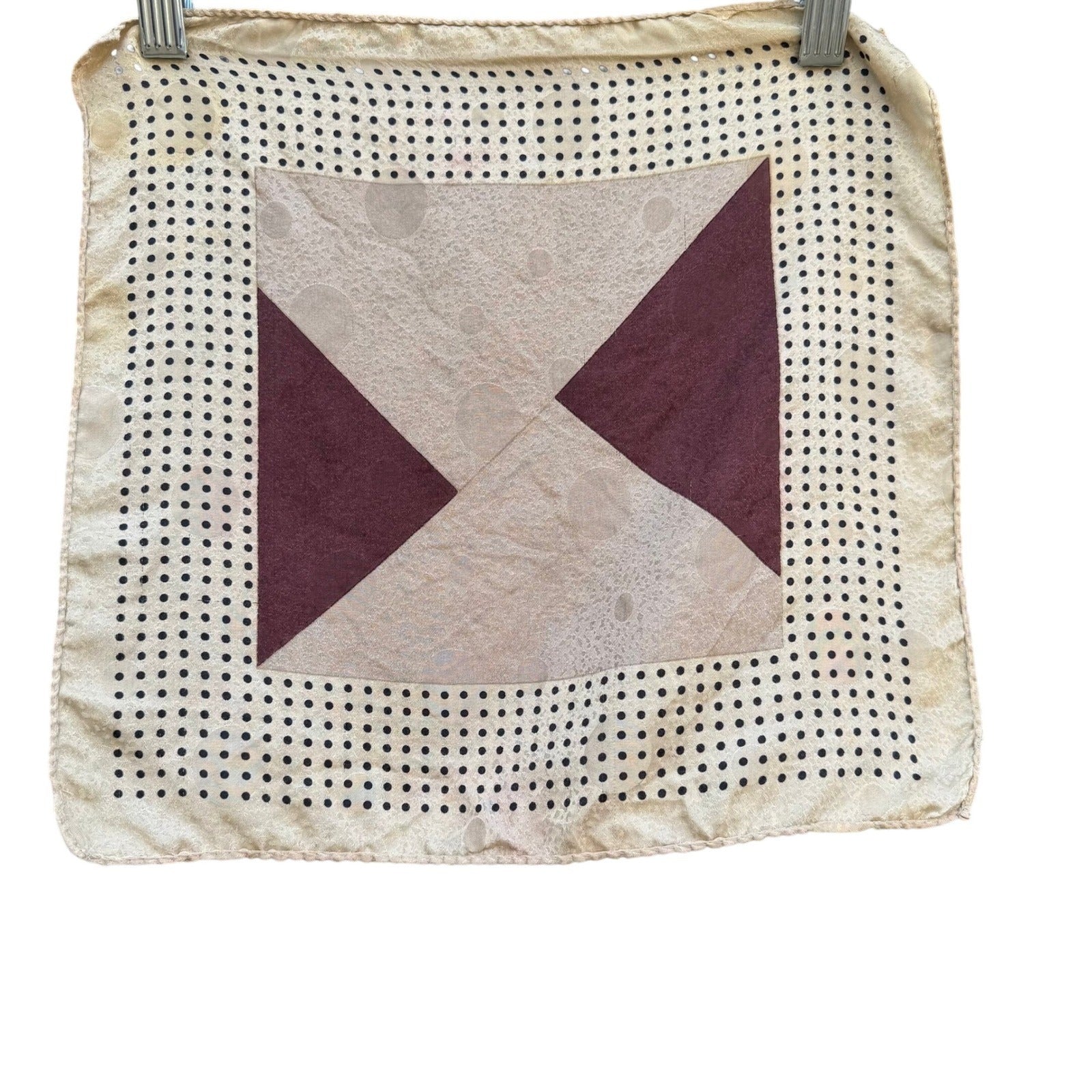 Vintage 100% Silk Pocket Square Set 2pc Grey Striped Burgundy Polka Dot Korea