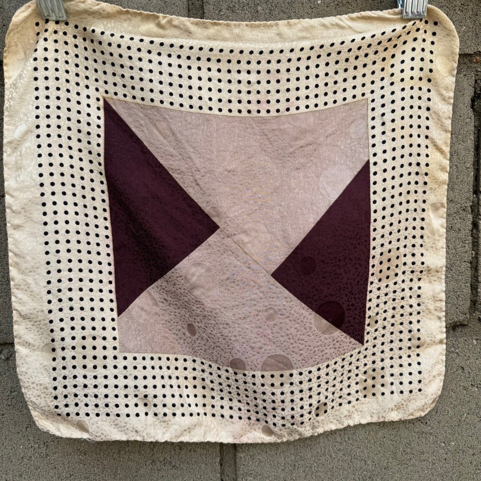 Vintage 100% Silk Pocket Square Set 2pc Grey Striped Burgundy Polka Dot Korea