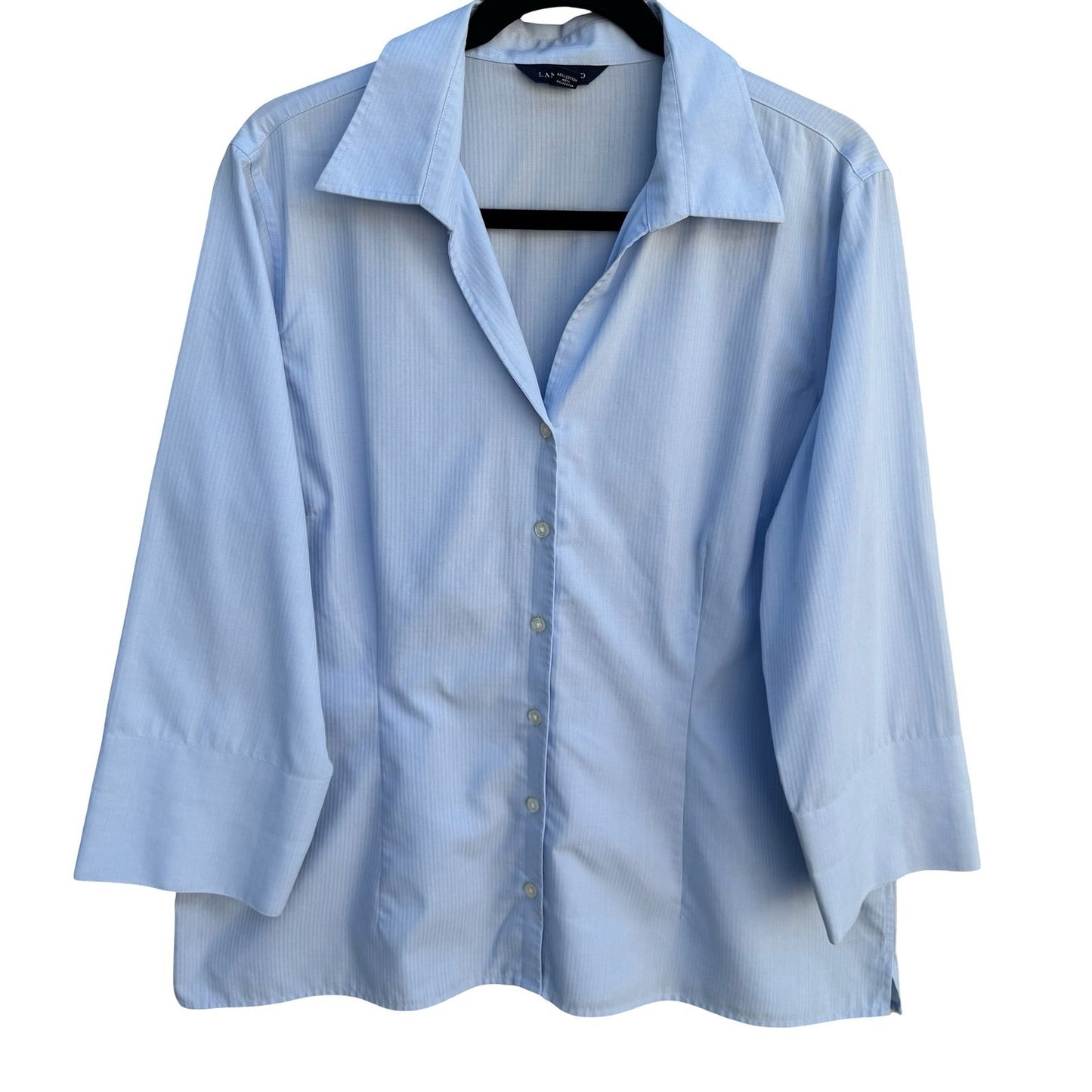 Lands End Womens 16 Light Blue Herringbone Stripe 3/4 Sleeve Button Down Shirt