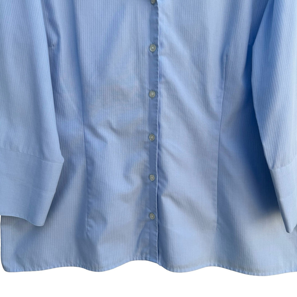 Lands End Womens 16 Light Blue Herringbone Stripe 3/4 Sleeve Button Down Shirt