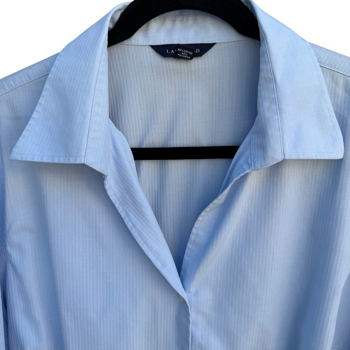 Lands End Womens 16 Light Blue Herringbone Stripe 3/4 Sleeve Button Down Shirt