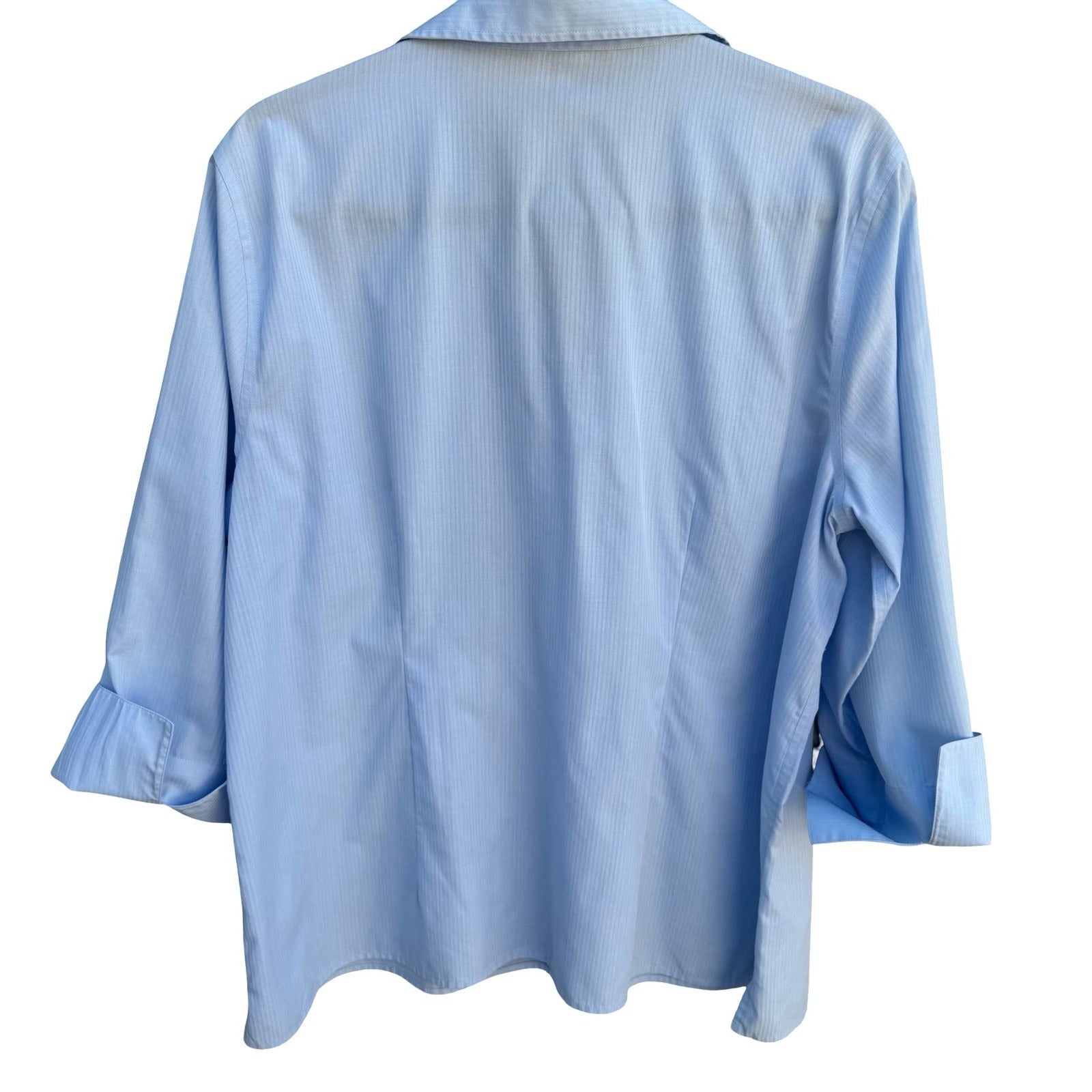 Lands End Womens 16 Light Blue Herringbone Stripe 3/4 Sleeve Button Down Shirt