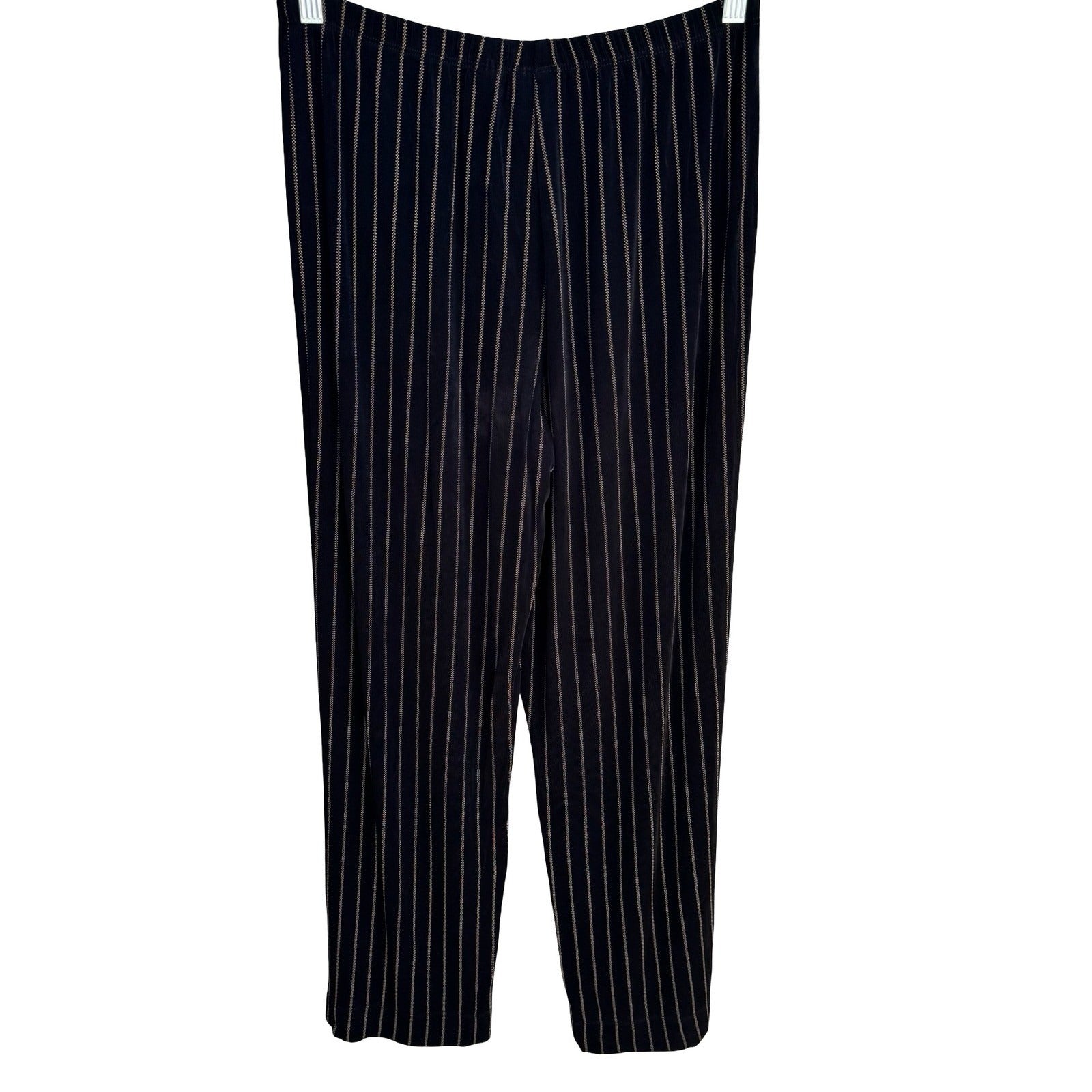 Chicos Travelers Minimalist Liquid Knit Black Pinstripe Straight Leg Pants M