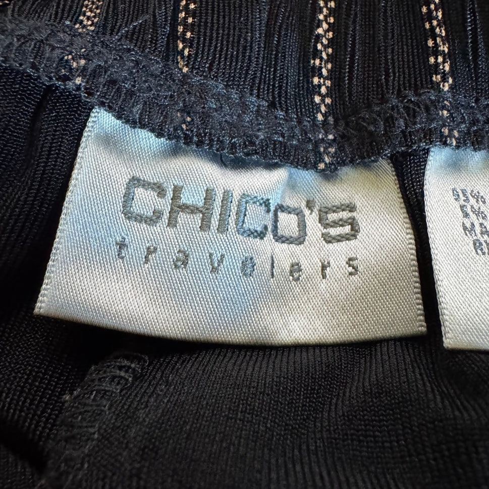 Chicos Travelers Minimalist Liquid Knit Black Pinstripe Straight Leg Pants M