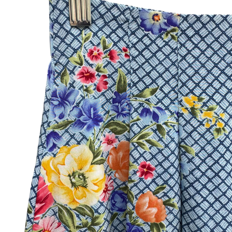 Diane Von Furstenberg Vintage Silk Blue Grid Pattern Multi Floral Pencil Skirt 10