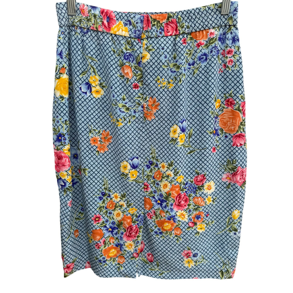 Diane Von Furstenberg Vintage Silk Blue Grid Pattern Multi Floral Pencil Skirt 10