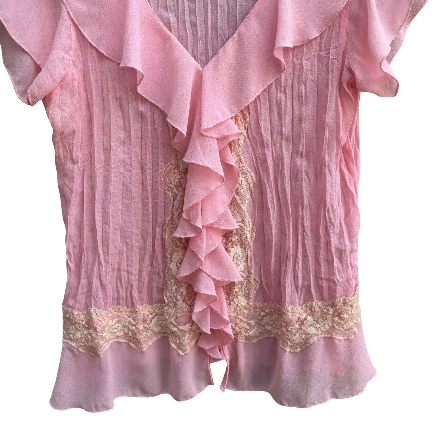 Separates Coquette Balletcore Fairycore Pastel Pink Crinkle Ruffle Lace Blouse L