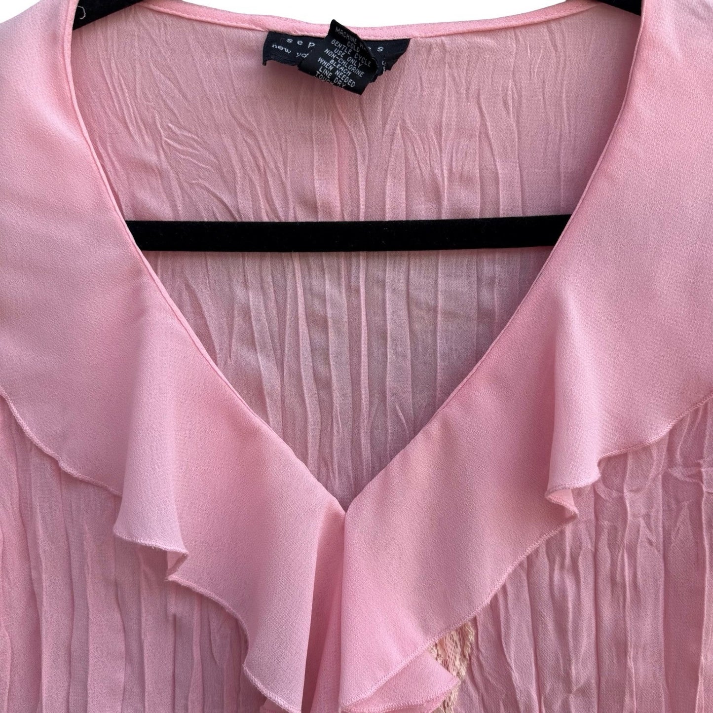Separates Coquette Balletcore Fairycore Pastel Pink Crinkle Ruffle Lace Blouse L
