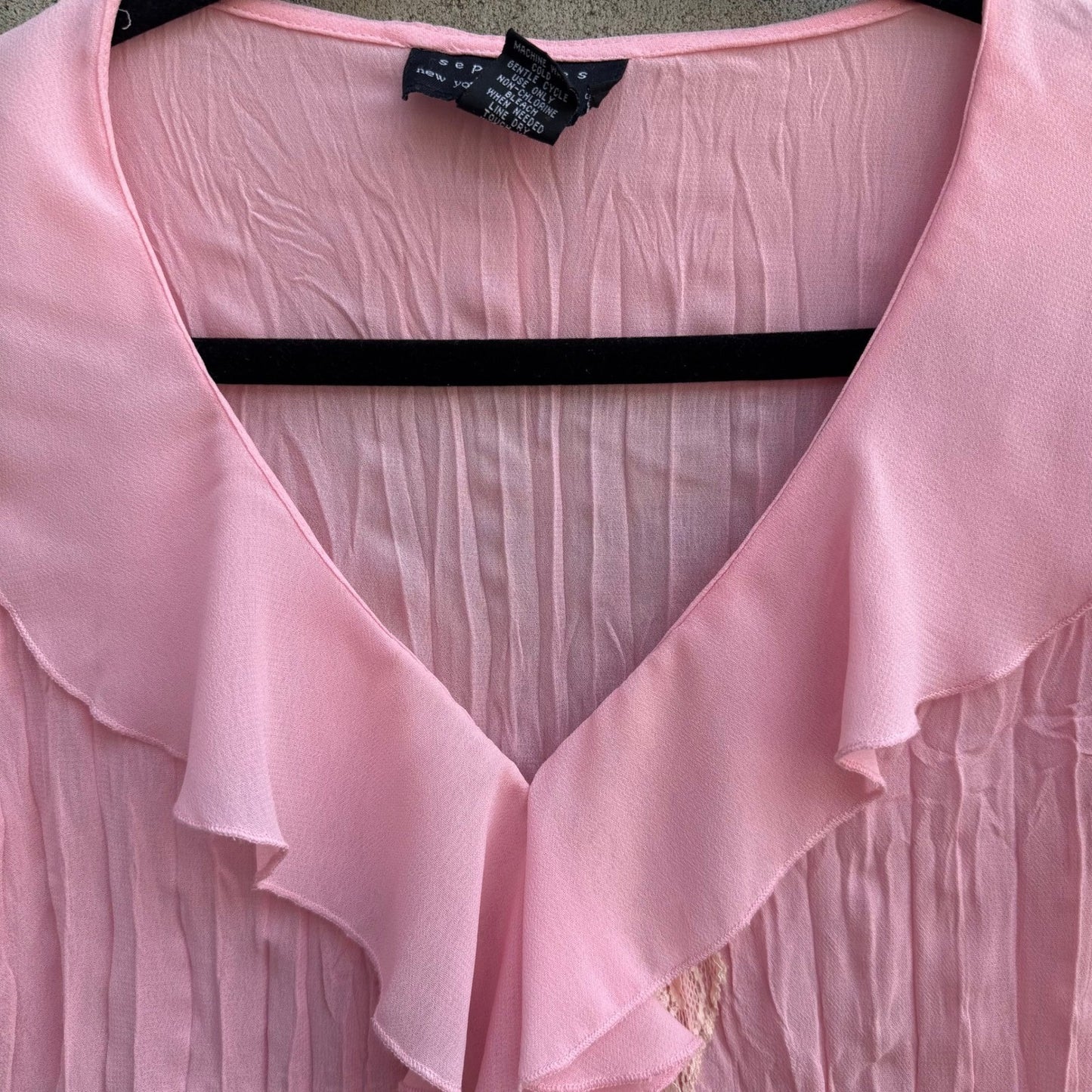 Separates Coquette Balletcore Fairycore Pastel Pink Crinkle Ruffle Lace Blouse L