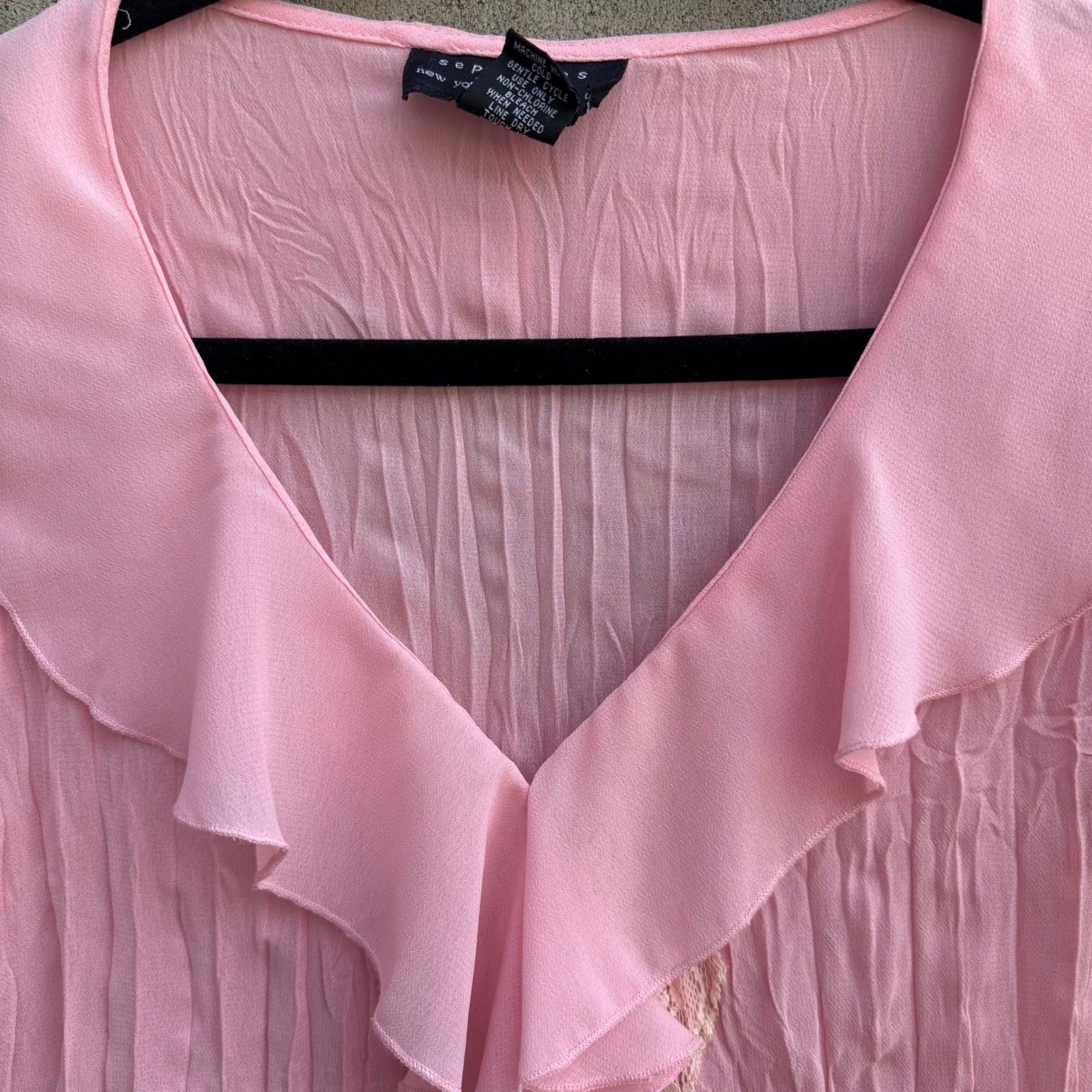 Separates Coquette Balletcore Fairycore Pastel Pink Crinkle Ruffle Lace Blouse L
