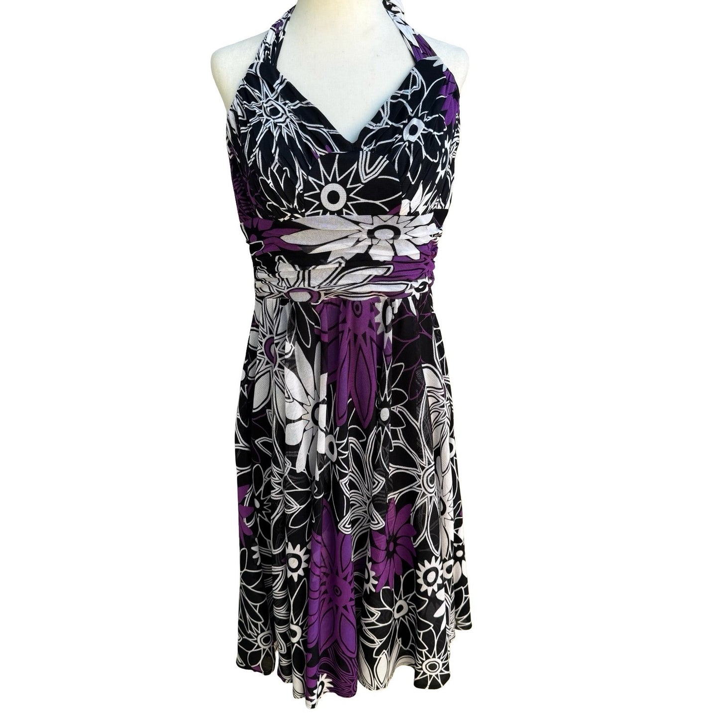 Sangria Y2K Tropical Floral Sunburst Cruise Wear Ruched Halter Midi Dress 14