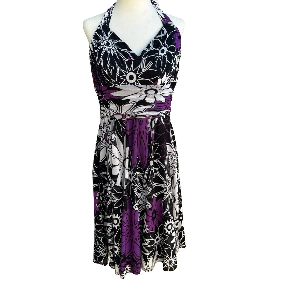 Sangria Y2K Tropical Floral Sunburst Cruise Wear Ruched Halter Midi Dress 14
