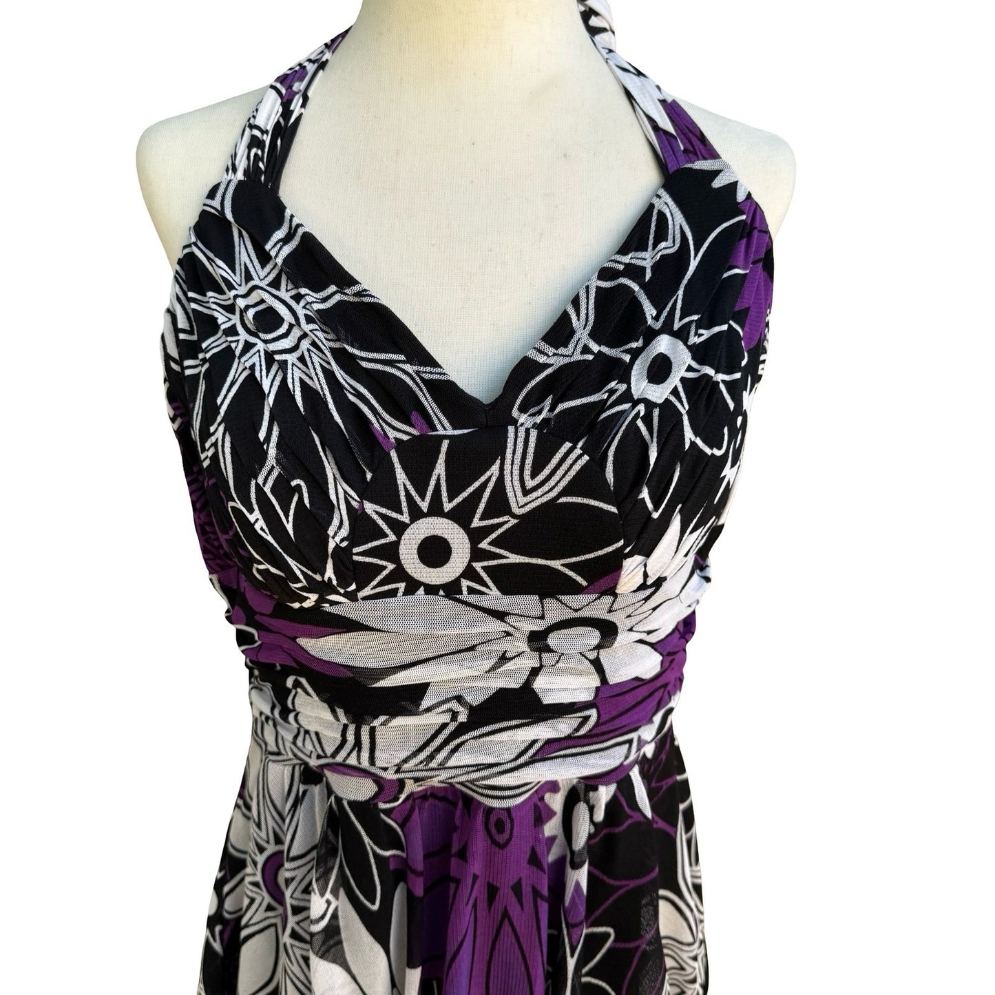 Sangria Y2K Tropical Floral Sunburst Cruise Wear Ruched Halter Midi Dress 14