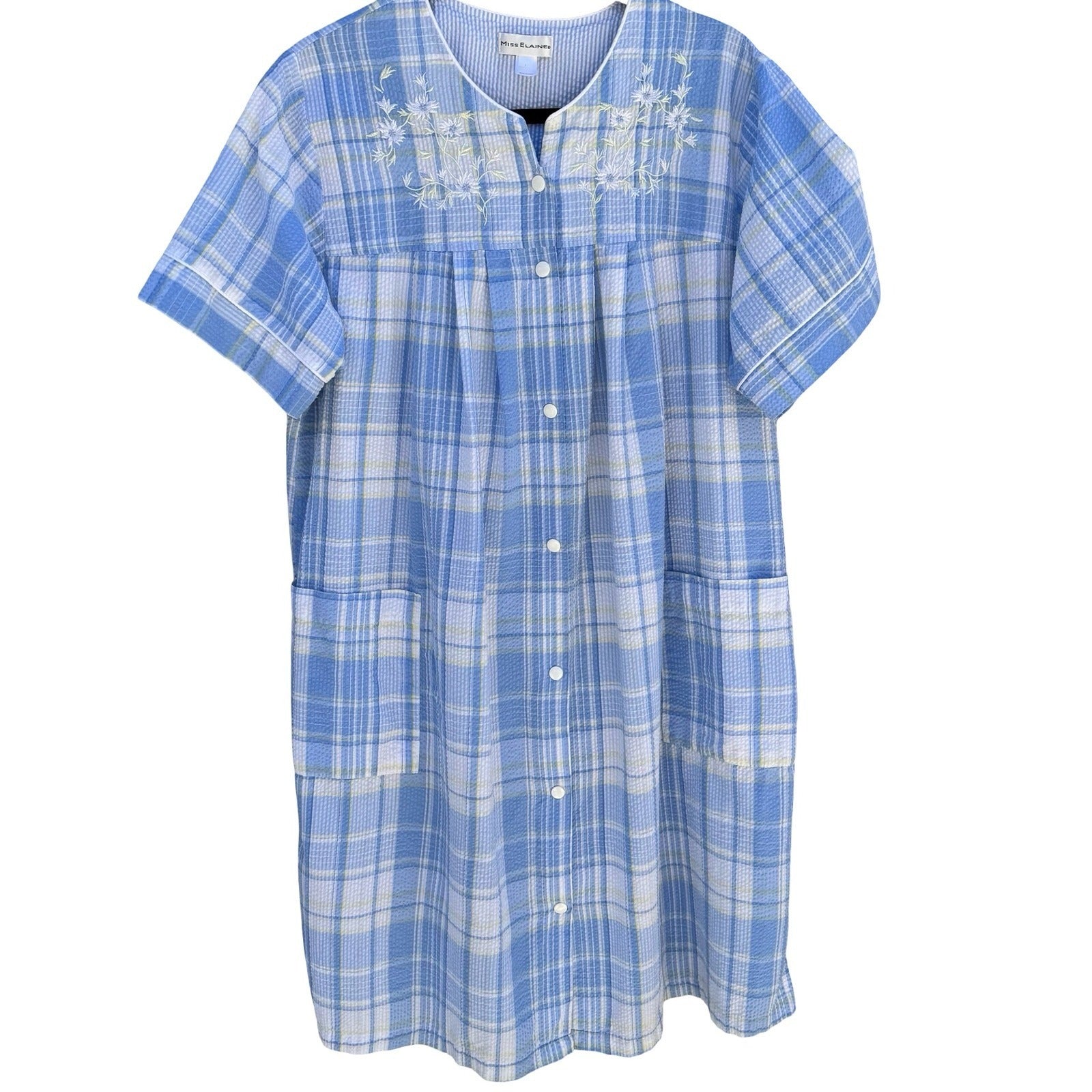Miss Elaine Blue Plaid Seersucker Snap Front Duster House Dress Floral L Cottage