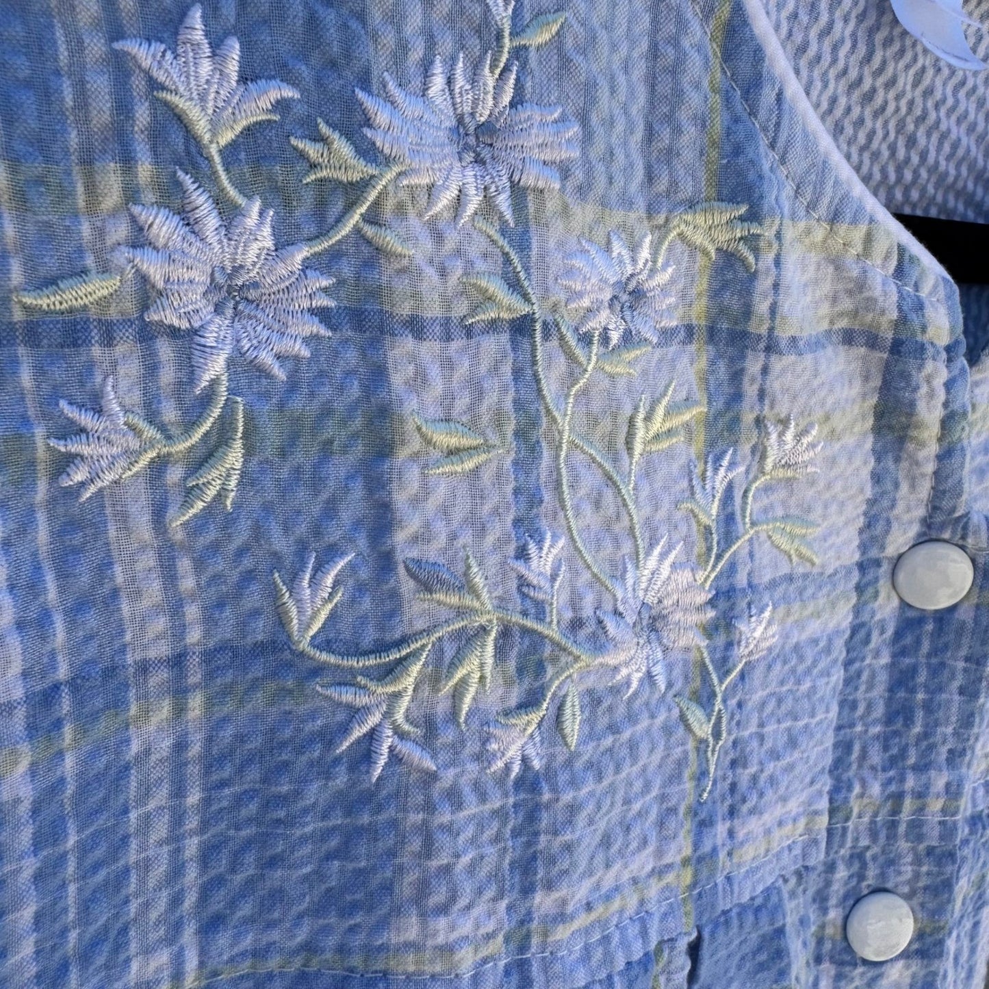 Miss Elaine Blue Plaid Seersucker Snap Front Duster House Dress Floral L Cottage