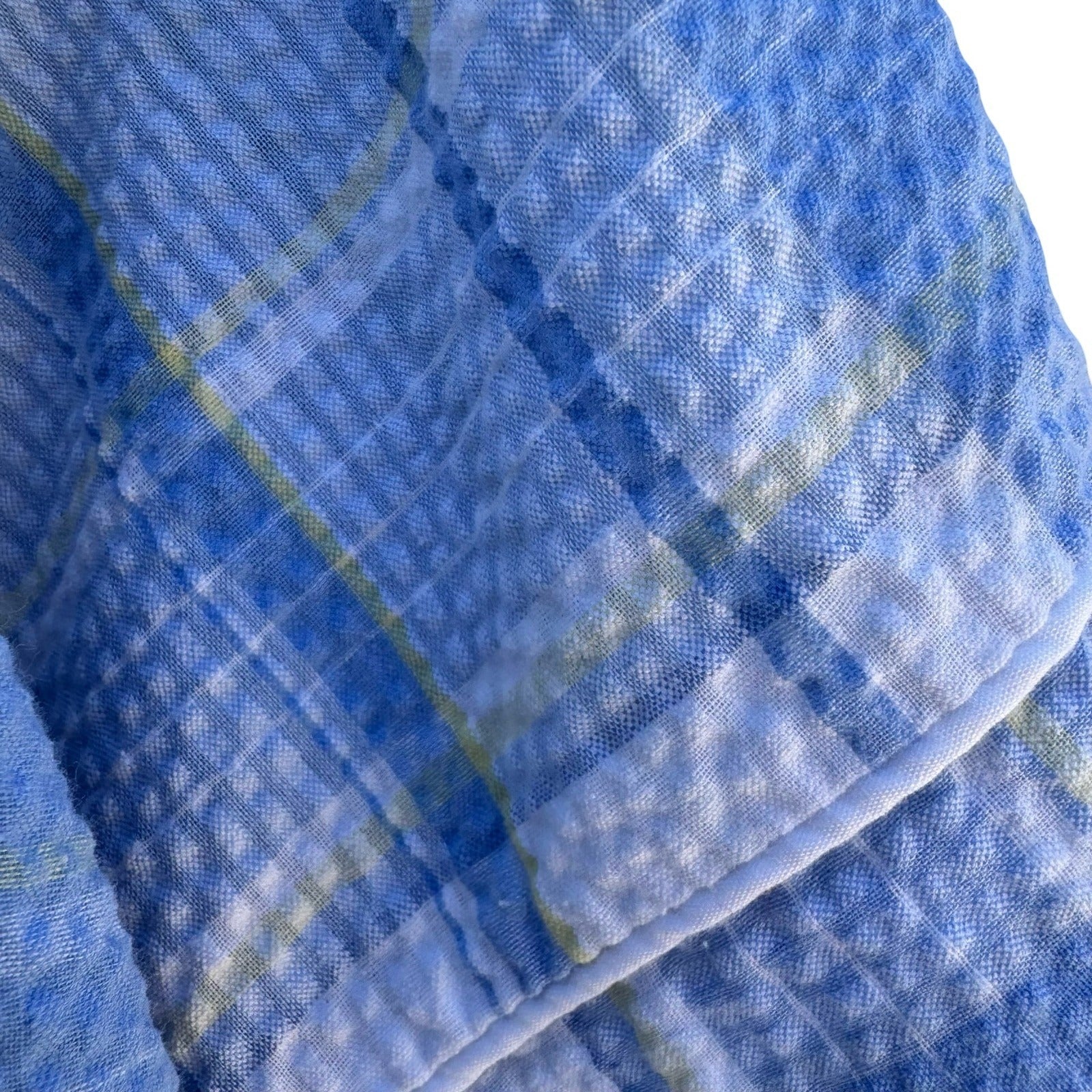 Miss Elaine Blue Plaid Seersucker Snap Front Duster House Dress Floral L Cottage