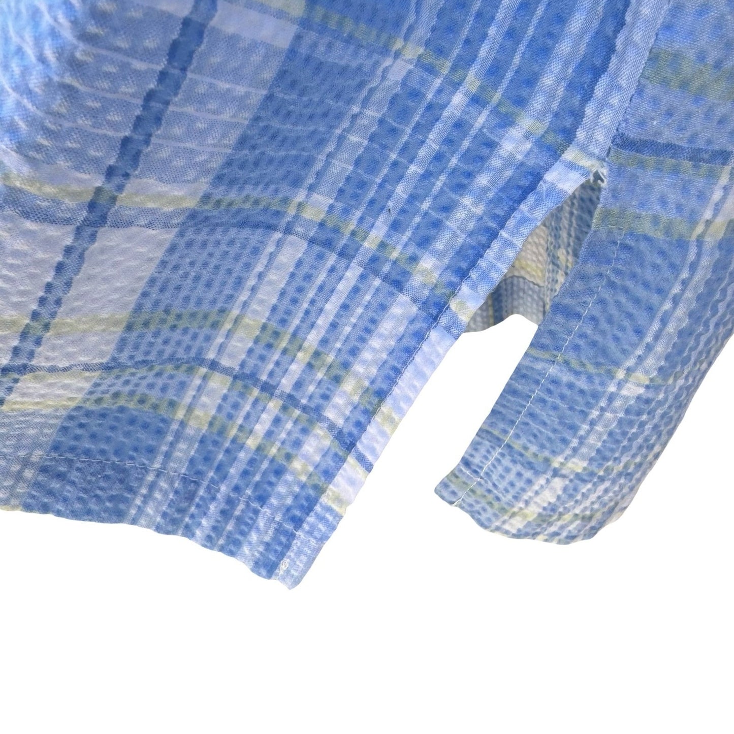 Miss Elaine Blue Plaid Seersucker Snap Front Duster House Dress Floral L Cottage