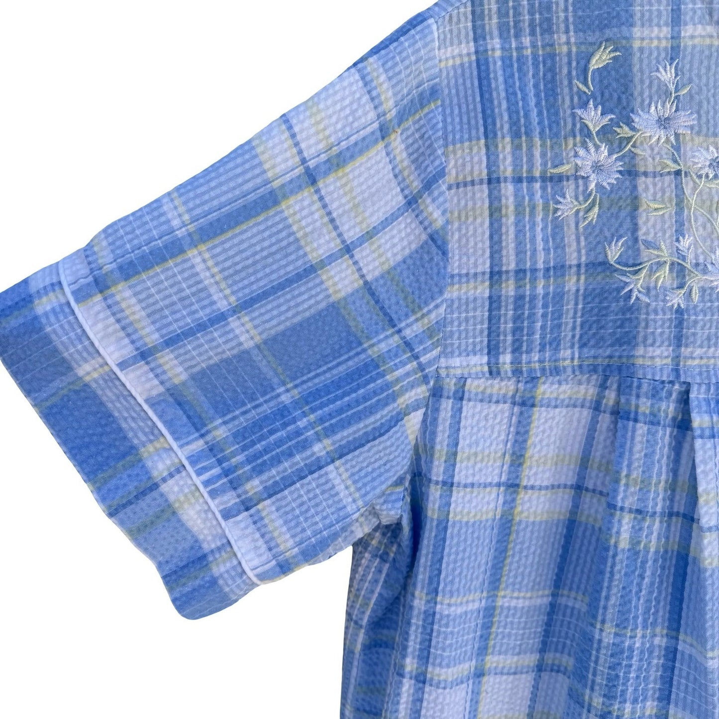 Miss Elaine Blue Plaid Seersucker Snap Front Duster House Dress Floral L Cottage